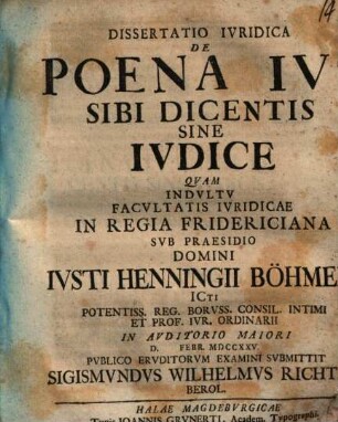 Dissertatio Ivridica De Poena Ivs Sibi Dicentis Sine Ivdice