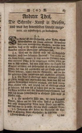 Anderer Theil, Die Schreibe-Kunst in Briefen, und was bey denenselben sowohl insgemein, als insonderheit, zu beobachten.