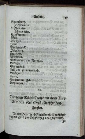 XII. Die zehn Reichs-Creyße mit ihren Directoribus oder Creyß-Ausschreibenden Fürsten.