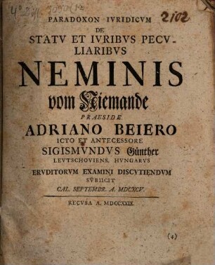 Paradoxon Ivridicvm De Statv Et Ivribvs Pecvliaribvs Neminis vom Niemande