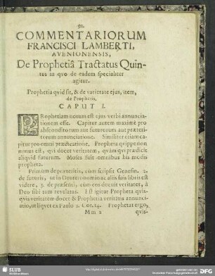 Commentariorum Francisci Lamberti, Avenionensis, De Prophetia Tractatus Quintus in quo de eadem specialiter agitur