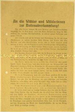 Programmatische Flugschrift des Bundes Deutscher Bodenreformer zur Mitgliederwerbung anlässlich der Wahlen zur Nationalversammlung