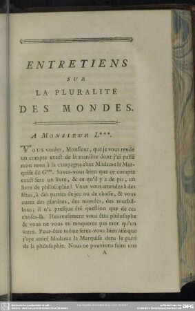 Entretiens Sur La Pluralité Des Mondes
