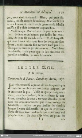 Lettre XLVIII. A la même.Commencée à Paris, Lundi 27. Avril, 1671