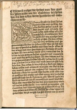 Hienach volget die hystori von dem grossen Allexander wie die Eusebius beschriben hat