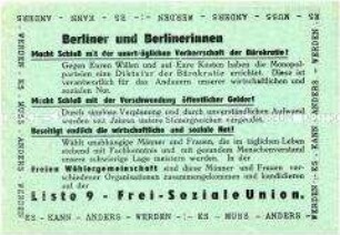 Handzettel zur Wahl des West-Berliner Abgeordnetenhauses 1967 (?) mit Propaganda für die Frei-Soziale Union