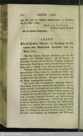 LXXVII. Ebendesselben Rescript, die Reinigung des Getreides vom Mutterkorne betreffend, vom 14. Sept. 1785