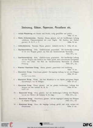 Steinzeug, Gläser, Fayencen, Porzellane etc. (Nr. 1-198)