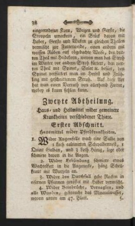 Zweyte Abtheilung. Haus- und Heilmittel wider gemeinere Kranckheiten verschiedener Thiere.