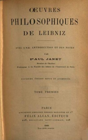 Oeuvres philosophiques de Leibniz. 1