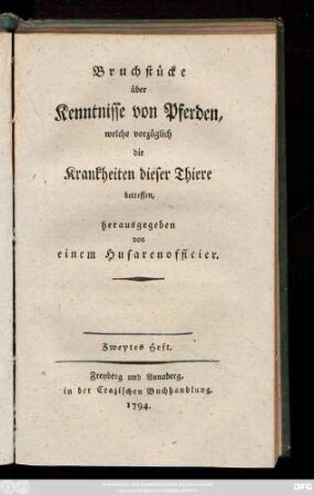 H. 2: Bruchstücke über Kenntnisse von Pferden, welche vorzüglich die Krankheiten dieser Thiere betreffen