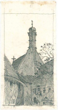 Gsaenger, Gustav; Rothenburg ob der Tauber (Bayern); Landschafts - und Gebäudestudien - Häusergruppe mit Kirche (Ansicht)
