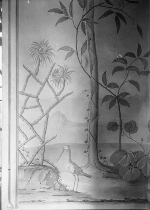 Detail der Wanddekoration mit einem Vogel in idealer Landschaft
