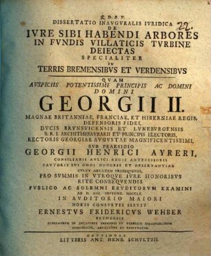 Dissertatio inavgvralis ivridica de ivre sibi habendi arbores in fvndis villaticis tvrbine deiectas, apecialiter in terris Bremensibvs et Verdensibvs