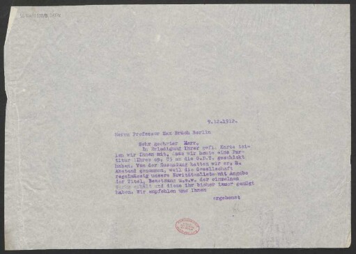 Brief an Max Bruch : 09.12.1912