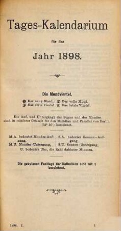 Reichs-Medizinal-Kalender für Deutschland. Tages-Kalendarium. 1898, Quartal 1 - 4