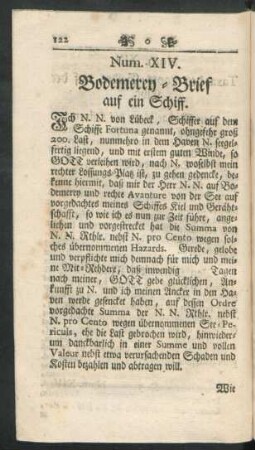 Num. XIV. Bodemerey-Brief auf ein Schiff