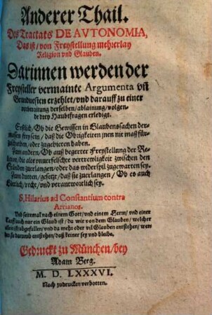 De autonomia, das ist, von Freystellung mehrerley Religion vnd Glauben, 2.