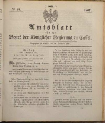 № 89. Ausgegeben zu Cassel am 24. December 1867.