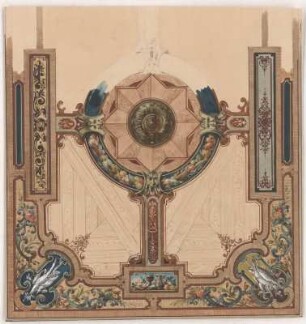 Dresden, Rittergut Altfranken, Deckengestaltung, Entwurf : Dresden, Rittergut Altfranken, Entwurf zur Gestaltung einer Decke, unbekannter Zeichner, 2. Hälfte 19. Jh. Feder, Graphit, Pinsel in Wasserfarbe/Papier. 29,8 x 28,3 cm.