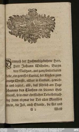 [Anleitung zu einer christl. höchstnöthigen Vorbereitung zu einem erwünschten und seligen Ende.]