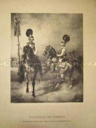 Uniformdarstellung, Wachtmeister und Unteroffizier mit Standarte des Brandenburgischen Kürassier-Regiments (Kaiser Nikolaus I von Rußland) No. 6 zu Pferd, Preußen, 1840.