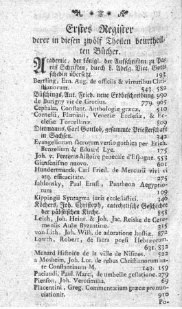 Erstes Register derer in diesen zwölf Theilen beurtheilten Bücher.