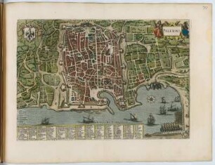 Vogelschauplan von Palermo, 1:8 000, kolorierter Kupferstich, um 1682 : Palermo. - [Ca. 1:8.000]. - [Amsterdam] : [Bÿ d' Erfsgenamen van Joannes Janssonius van Waesberge], [1682]. - 1 Vogelschauplan : Kupferstich. ; 47 x 33 cm (Karte) +++ Mit Gebäudeverz. - SW oben