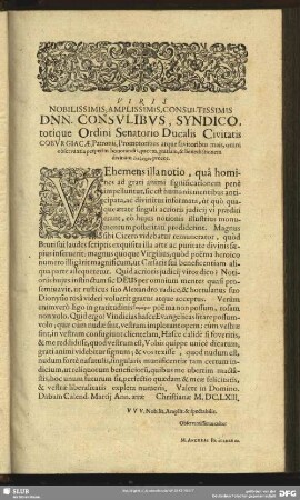 Viris Nobilissimis, Amplissimis, Consultissimis DNN. Consulibus, Syndico, ...