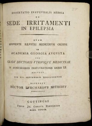 Dissertatio Inauguralis Medica De Sede Irritamenti In Epilepsia