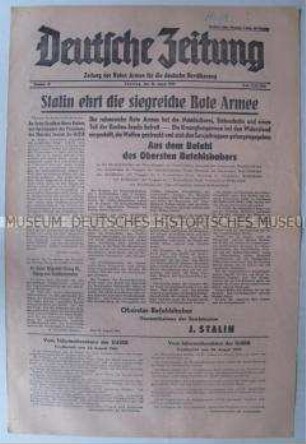 Tageszeitung der Roten Armee für die deutsche Bevölkerung "Deutsche Zeitung" u.a. zur Ehrung der sowjetischen Truppen im Fernen Osten durch Stalin und zum Prozess gegen Quisling in Norwegen
