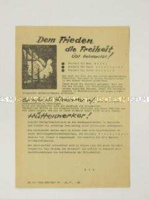 Hektografiertes Propagandaflugblatt aus dem Eisenhüttenkombinat Ost zur Solidarität mit den Opfern politischer Justiz in der Bundesrepublik