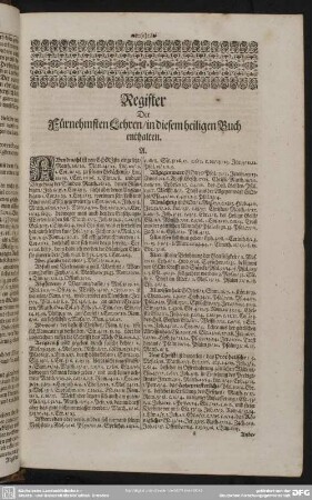 Register Der Fürnehmsten Lehren, in diesem heiligen Buch enthalten