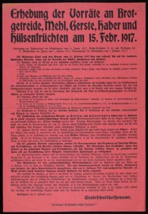 "Erhebung der Vorräte an Brotgetreide, Mehl, Gerste, Haber und Hülsenfrüchten am 15. Febr. 1917" in Stuttgart