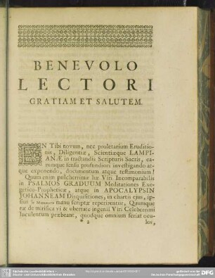 Benevolo Lectori Gratiam Et Salutem