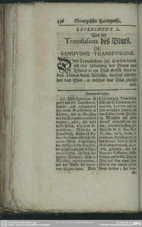 Experiment. L. Von der Transfusion des Bluts