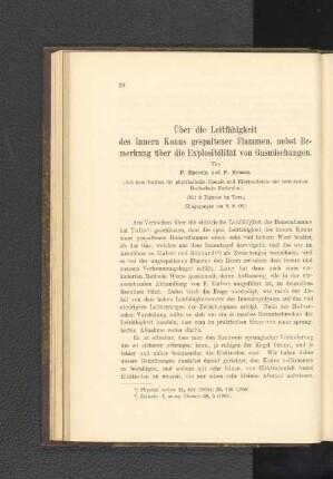 Über die Leitfähigkeit des innern Konus gespaltener Flammen, nebst Bemerkung über die Explosibilität von Gasmischungen.