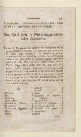 Verzeichniß derer Siebenbürgen befindlichen Ortschaften