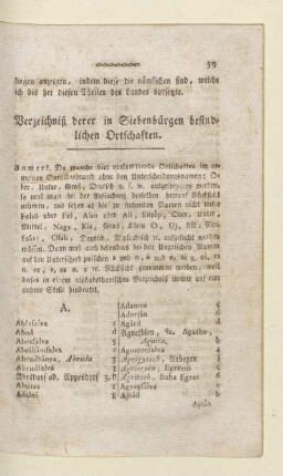 Verzeichniß derer Siebenbürgen befindlichen Ortschaften