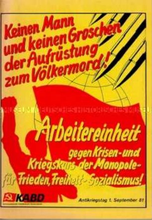 Propagandaschrift des linksradikalen KABD mit dem Aufruf zum Antikriegstag gegen die Stationierung von Mittelstreckenraketen am 1. September 1981