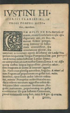 Iustini Historici Clarissimi, In Trogi Pompeii Historias, exordium.