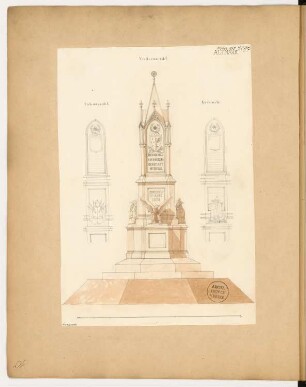 Gefallenendenkmal, Stendal Monatskonkurrenz März 1875: Aufriss Vorderansicht, Seitenansicht, Rückansicht; Maßstabsleiste