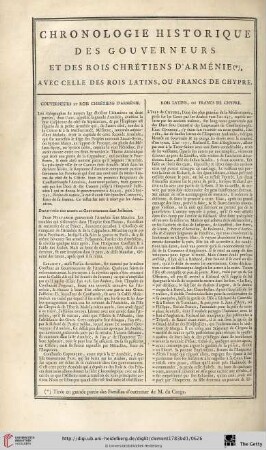 Chronologie historique des gouverneurs et des rois chrétiens d’Arménie, avec celle des rois latins, ou francs de Chypre