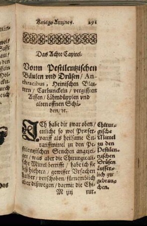 Das Achte Capitel. Vonn Pestilentzischen Bäulen und Drüsen/ Anthracibus, Heinischen Blattern/ Carbunckeln [...]