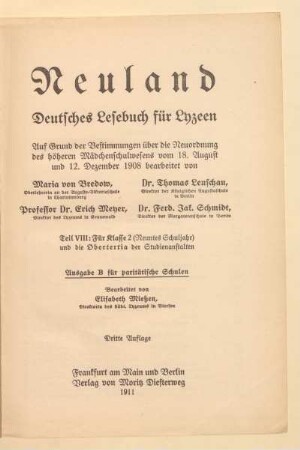 Teil 8, [Schülerband]: Für Klasse 2 (neuntes Schuljahr) und die Obertertia der Studienanstalten : deutsches Lesebuch für höhere Mädchenschulen