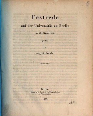 Festrede auf der Universität zu Berlin am 15. Oktober 1855