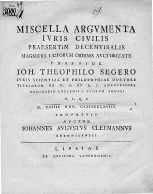 Miscella Argvmenta Ivris Civilis : Praesertim Decemviralis