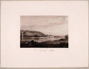 Das Schloss Pillnitz bei Dresden vom linken Ufer über die Elbe nach Südosten gesehen, im Vordergrund Bomätscher (Schiffszieher) und Boote, aus Rittners Dresden mit seinen Prachtgebäuden um 1810