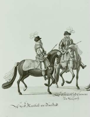 Ausschnitt: Hofmarschall von Pomsdorf und Kämmerer von Haugwitz : Polen, Warschau, Kopfrennen, Pferd, Sattel- und Zaumzeug, Gouache