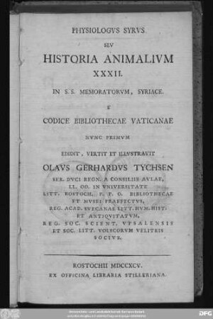 Physiologvs Syrvs Sev Historia Animalivm XXXII. in S.S. Memoratorvm, Syriace